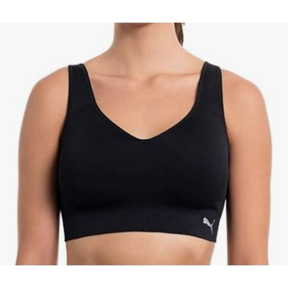Puma Performance Womens L Sports Bra Seamless Black Logo Adjustable Straps (R)